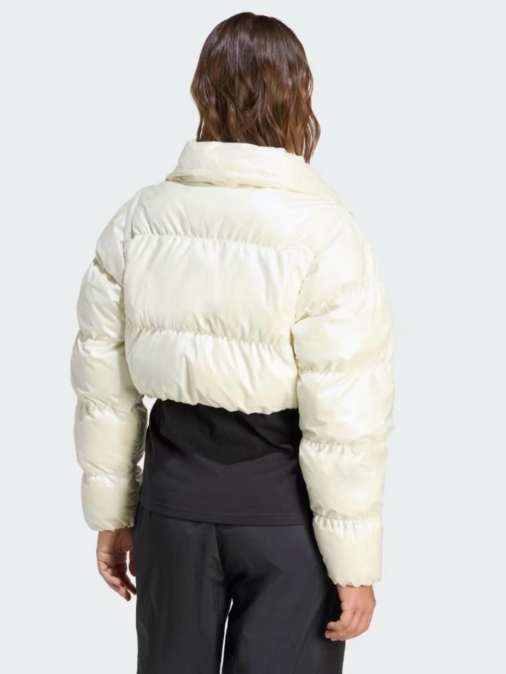 Adidas Originals Essentials Glossy 2-in-1 Cropped Puffer Jacket Ivory L NWT - Picture 3 of 10